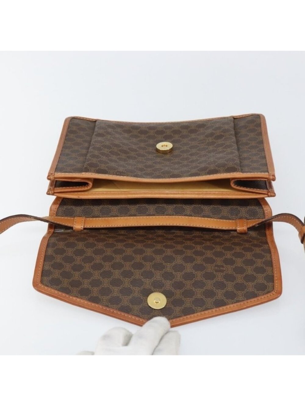 Authentic CELINE Macadam Canvas Shoulder Bag PVC Leather Brown Gold - Picture 2 of 16